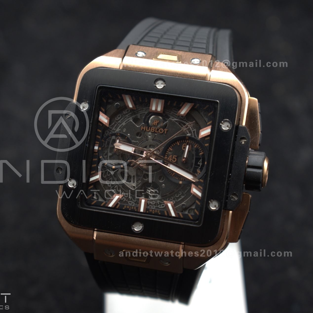 Square Bang Unico 42mm RG BBF 1:1 Best Edition Skeleton Dial Ceramic Bezel on Black Rubber Strap A1280